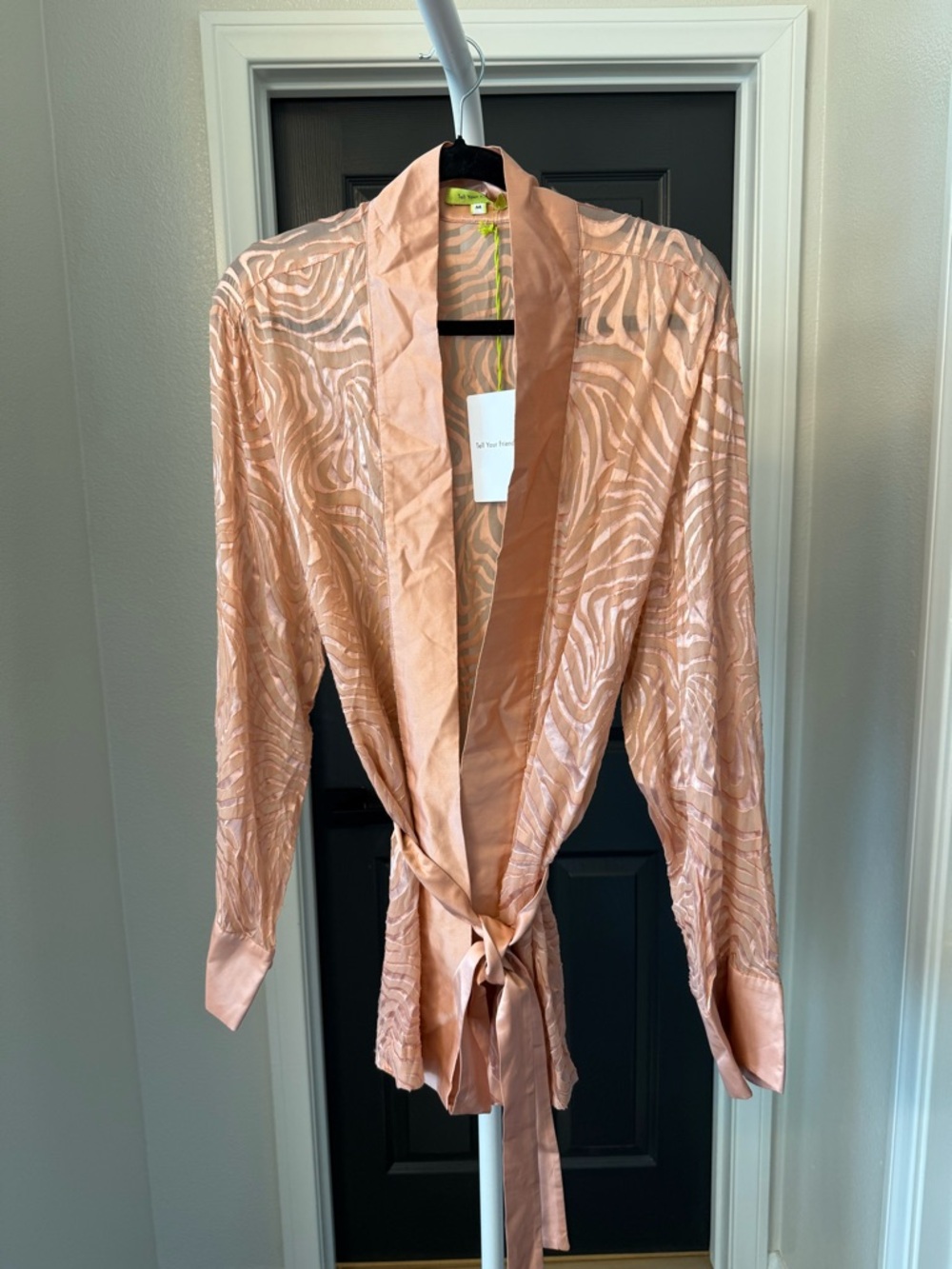Tell Your Friends Satin Semi-Sheer Belted Kimono Robe in a pale pink/peach zebra